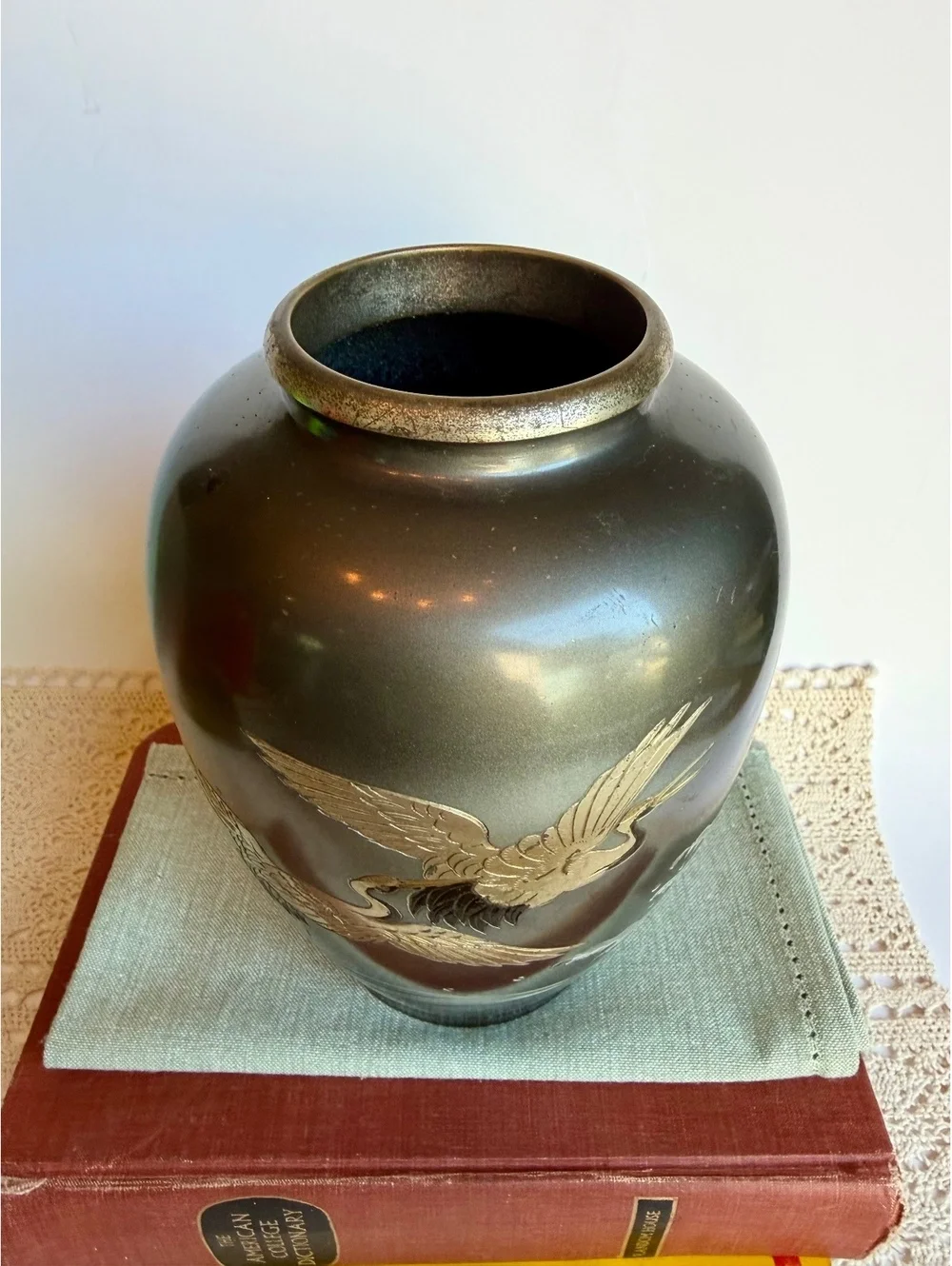 Vintage Japanese Metal Vase Cranes Herons Etched Waves Made in Japan 8.5